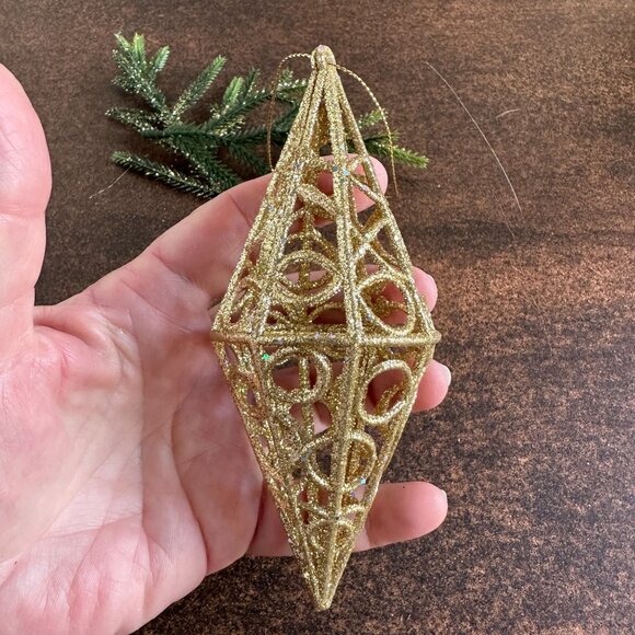 Gold Glitter Plastic Christmas Ornament 5.5" With Geometric Design - Picture 6 of 7